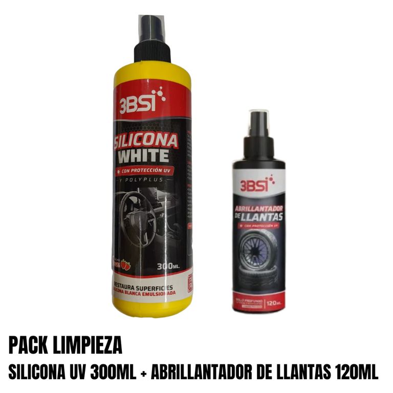 SILICONA UV 300ML Y ABRILLANTADOR DE LLANTAS 120ML PACK LIMPIEZA