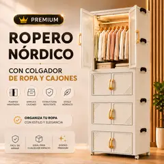 GENERICO - Ropero Nórdico Organizador De Ropa Premium De 4 Niveles con Colgador, Puertas Magnéticas y Ruedas