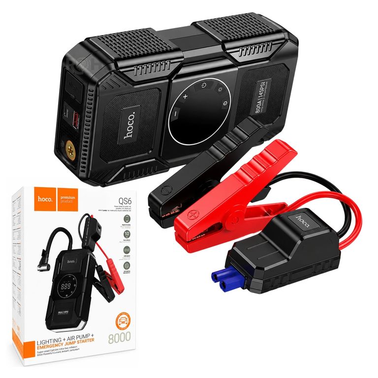 Arrancador De Batería Hoco QS6 Con Inflador Portátil, Power Bank Y Linterna De Emergencia 150 PSI