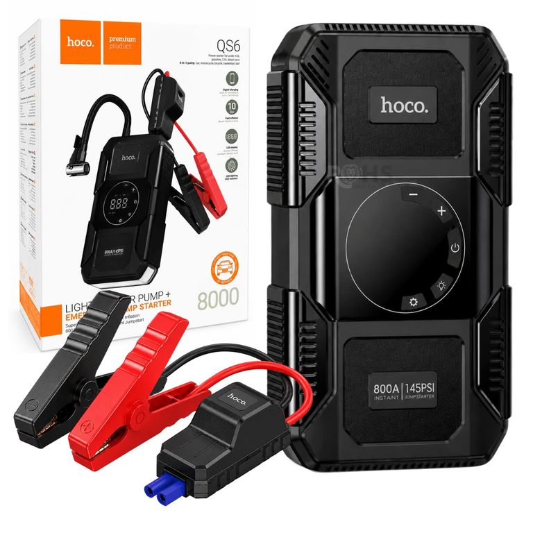 Arrancador De Batería Hoco QS6 Con Inflador Portátil, Power Bank Y Linterna De Emergencia 150 PSI