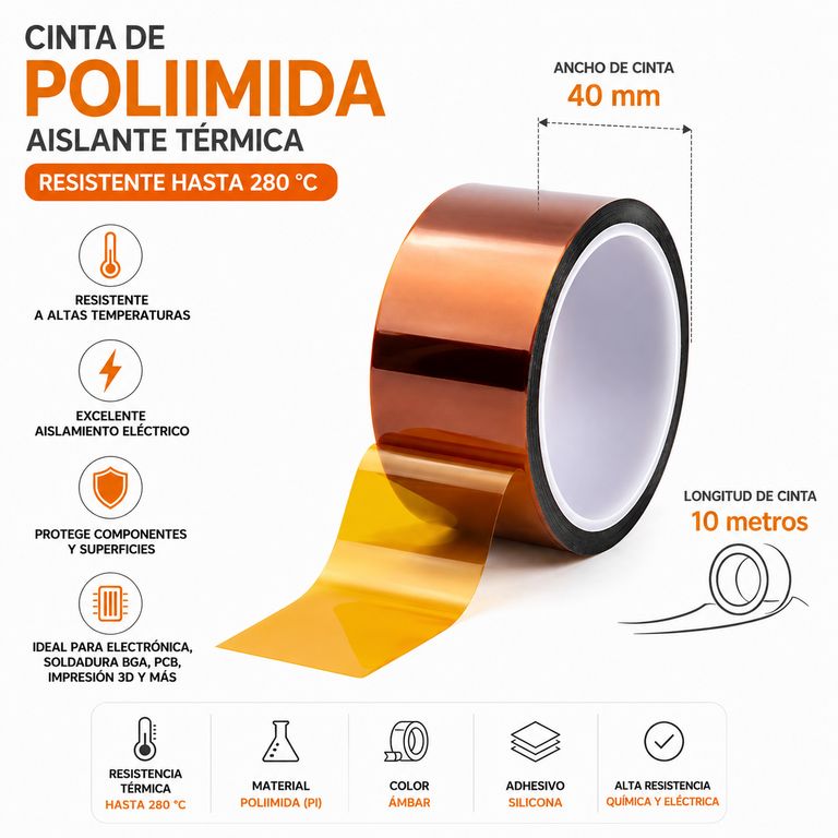 Cinta de Poliimida PI 40 mm x 10 m Aislante Térmica Resistente hasta 280 °C