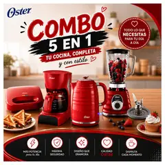 OSTER - Combo Oster 5 en 1 Rojo: Licuadora 3 Vel , Sandwichera , Hervidor 1.7L, Cafetera 4 Tazas y Cuchilla