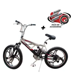 JEFF BIKE - BICICLETA BMX ARO 20 MODELO GOLDEN COLOR BLANCO/ROJO GIRO 360° + PACK DE ACCESORIOS