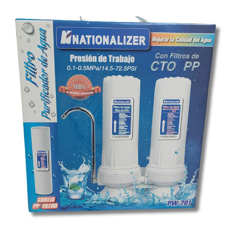 Filtro Purificador de Agua Nationalizer PW-201 2 Etapas PP + CTO 10" con Repuesto Incluido