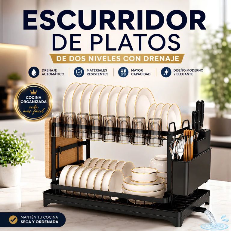 Escurridor de Platos de 2 Niveles Organizador con Drenaje, Porta Tazas y Porta Cubiertos - Negro