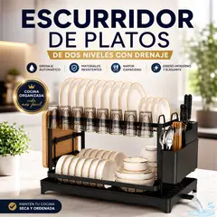 GENERICO - Escurridor de Platos de 2 Niveles Organizador con Drenaje, Porta Tazas y Porta Cubiertos - Negro