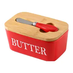 GENERICO - Mantequillera Roja de Cerámica con Tapa de Bambú y Cuchillo 17.3 cm