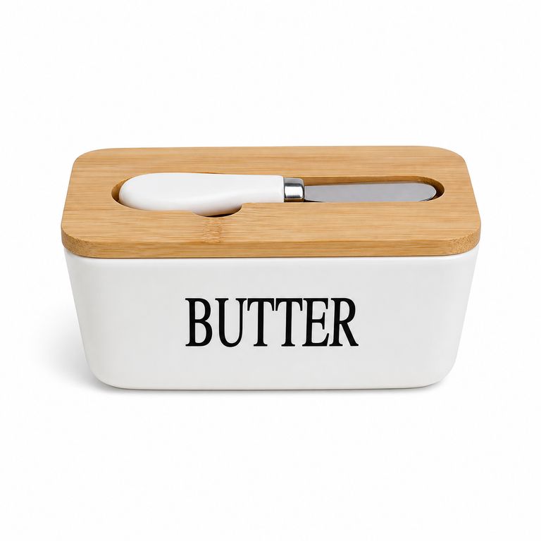 Mantequillera Blanca de Cerámica con Tapa de Bambú y Cuchillo 17.3 cm