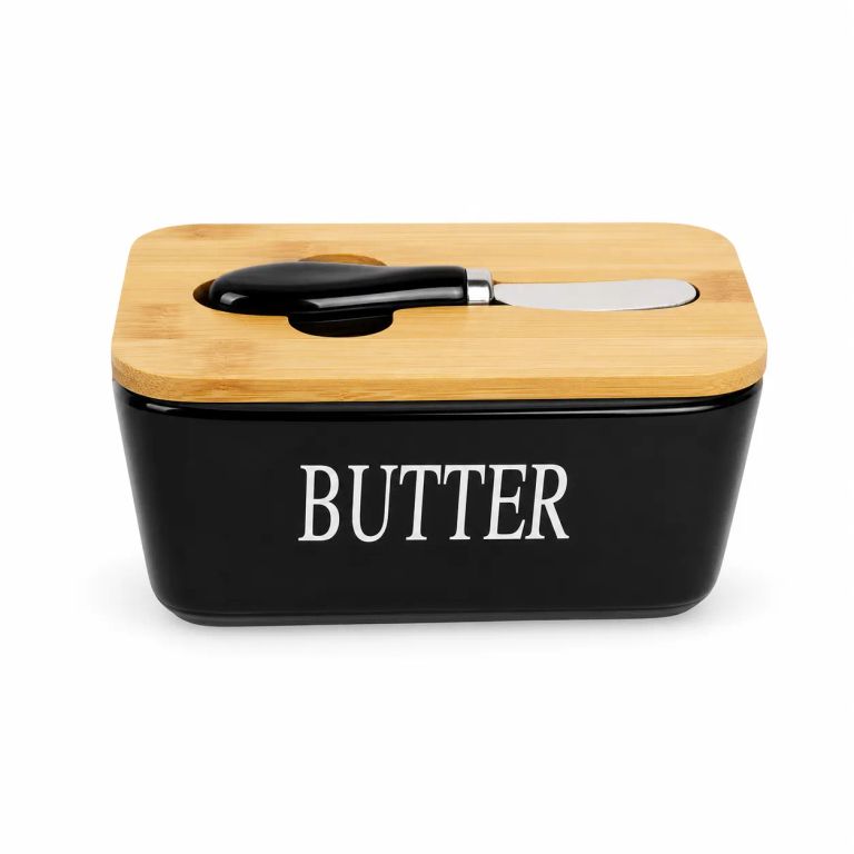 Mantequillera Negra de Cerámica con Tapa de Bambú y Cuchillo 17.3 cm