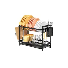 GENERICO - Escurridor de Platos Negro 2 Niveles con Bandeja y Portacubiertos