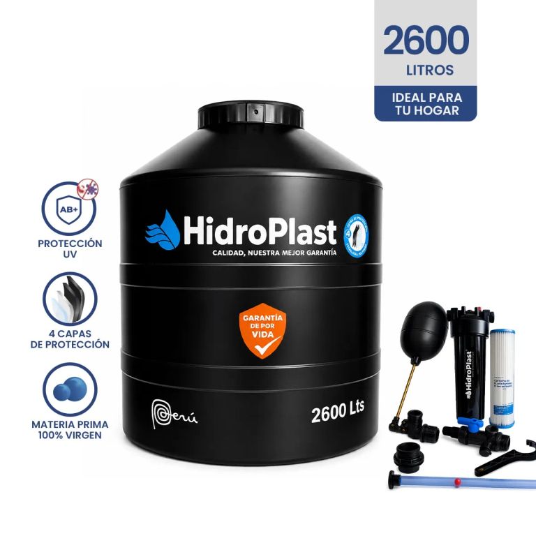 TANQUE PARA AGUA DE 2,600 LTS NEGRO + ACCESORIOS HIDROPLAST