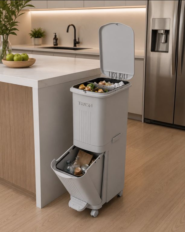 Tacho Doble Compartimento 2 Niveles con Tapa y Pedal Gris