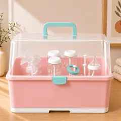 Baby - Escurridor de Biberones Rosado con Tapa Antipolvo y Bandeja para Accesorios de Bebé