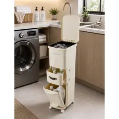 GENERICO - Tacho de Basura 3 Compartimentos con Separador, Pedal y Ruedas – Beige