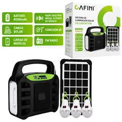 CAFINI - Fuente Energia Solar Portátil Panel Solar Parlante Bluetooth Radio FM Linterna 3 Focos Camping