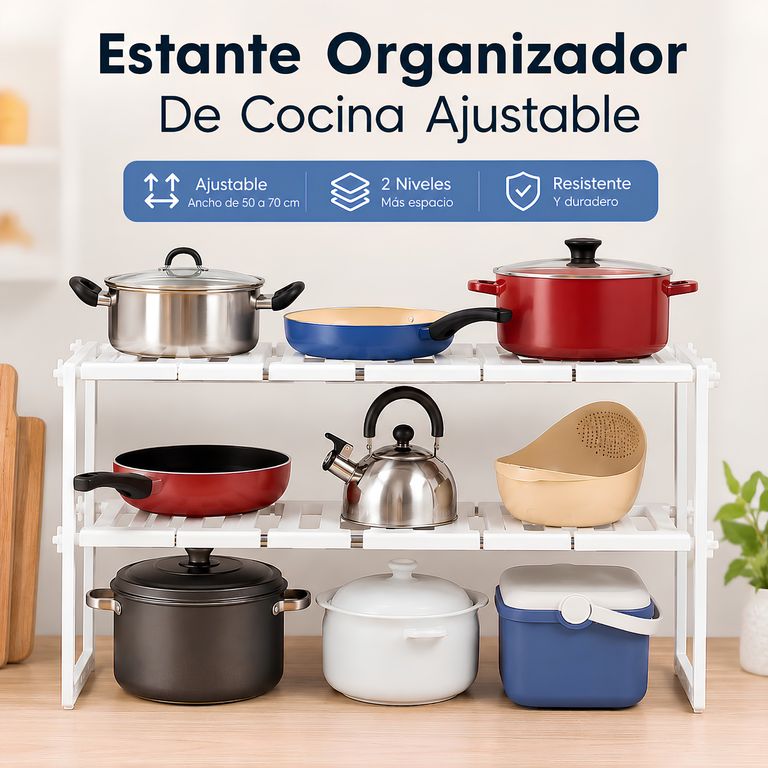 Estante Multiusos Organizador De 2 Niveles Ancho Ajustable Para Cocina, Lavadero, Oficina, Baño - Blanco