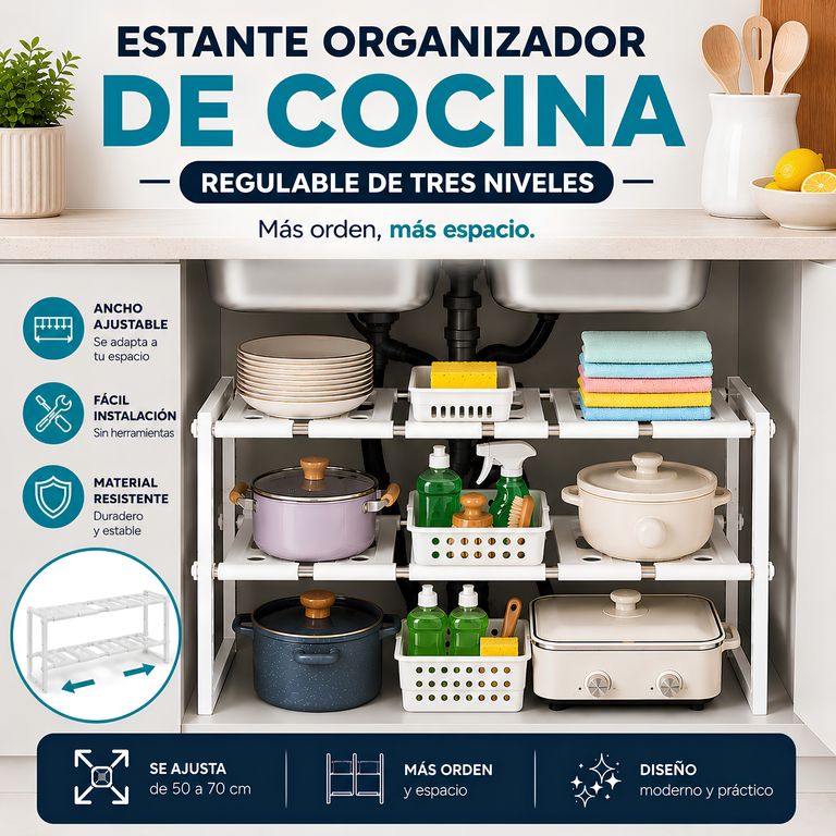 Estante Organizador Multiusos Expandible De 2 Niveles Para Cocina, Baño, Lavadero y Oficina - Blanco