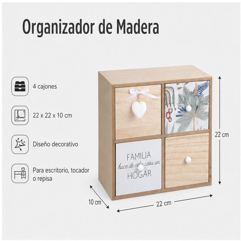 Cajonera Organizadora de Madera 4 Cajones 22 x 22 x 10 cm Decorativa