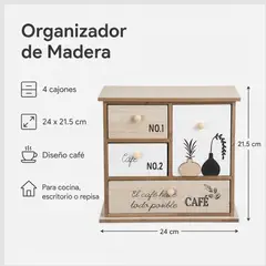 GENERICO - Cajonera Organizadora de Madera 4 Cajones Diseño Café 24 x 21.5 cm