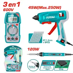 Total Tools - PISTOLA DE SILICONA + MULTÍMETRO DIGITAL + CAUTÍN 120W TOTAL-TTCK250716