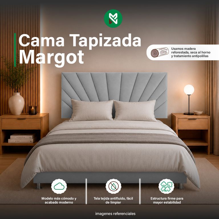 Cama Tapizada Margot - Queen - Gris Claro