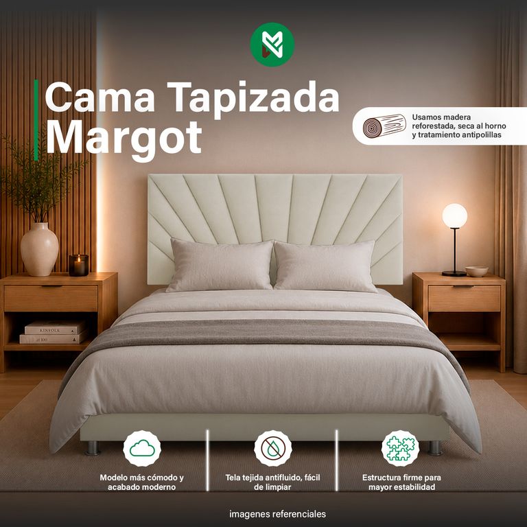 Cama Tapizada Margot - 1.5 Plz - Beige Claro