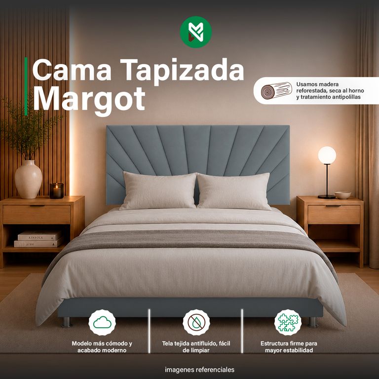 Cama Tapizada Margot - 1.5 Plz - Gris Oscuro