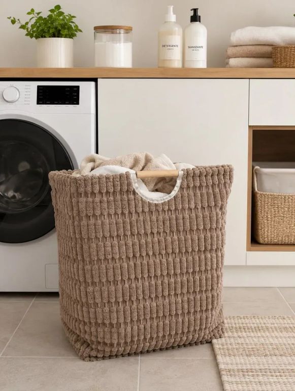 Cesto para Ropa Sucia Plegable de Felpa con Interior Laminado y Asas de Madera