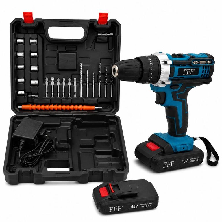 Kit Taladro Eléctrico Azul Inalámbrico con Doble Batería con