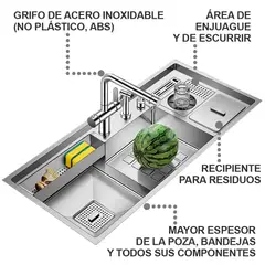 HILIVING - Lavadero Multifuncional De Lujo y Grifería Dual de Acero Inoxidable 304 con Recipiente para Residuos