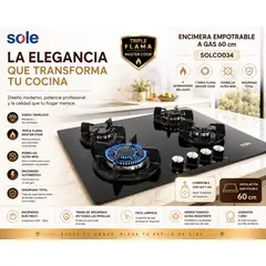 Sole - Encimera Empotrable Sole SOLCO034 60 cm Vidrio Templado a Gas 4 Quemadores Triple Flama Ultra Wok
