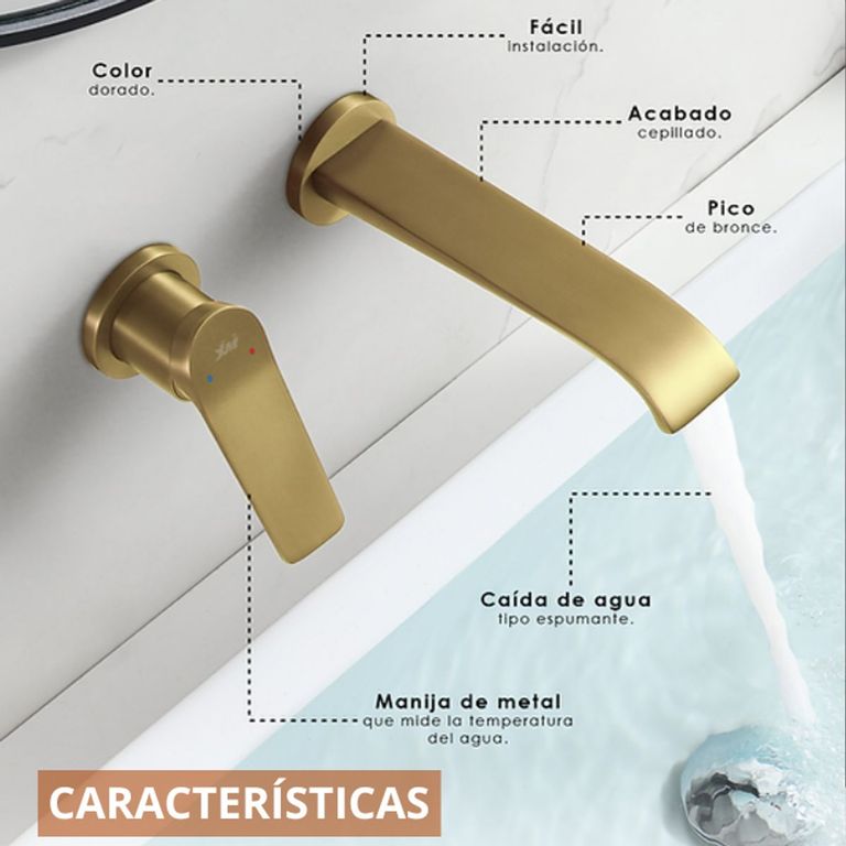 MEZCLADORA MONOCOMANDO DE LAVATORIO A PARED DORADO M7407