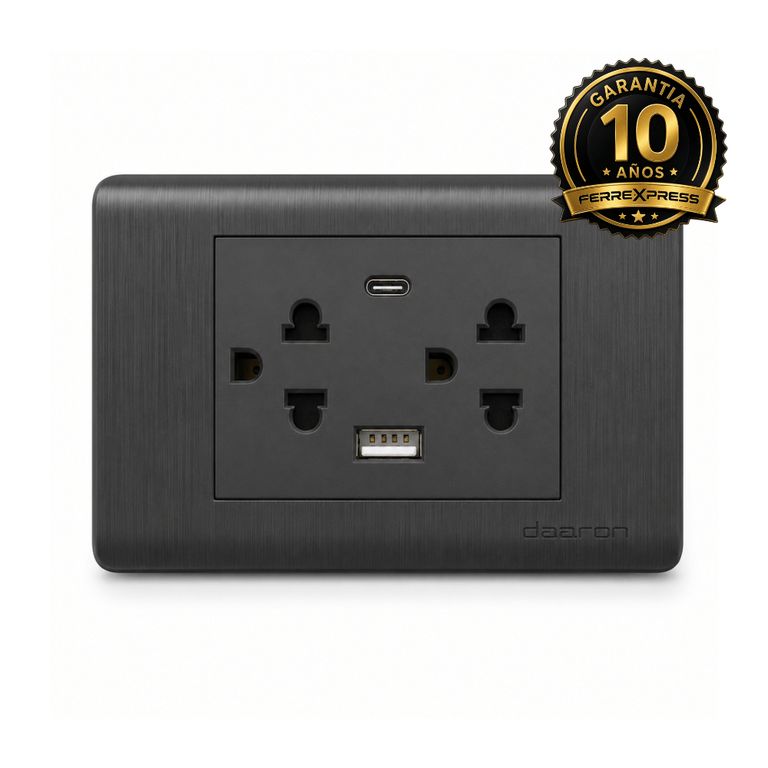 Tomacorriente Doble CTierra Doble Toma USB A y C Enchufe- Negro