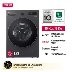 LG - Lavaseca Automática 15Kg Lavado 8Kg Secado Carga Frontal Negro LG WD15EBNTSPG
