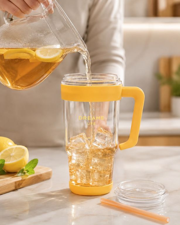 Tomatodo de Vidrio Borosilicato 1 Litro con Tapa, Asa y Sorbete