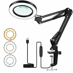 SEISA - Lámpara Lupa LED 10X con Brazo Articulado, 10 Niveles y 3 Colores USB