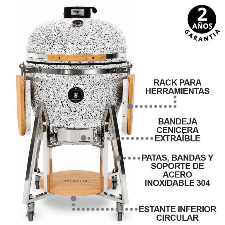 Kamado 22 Pulgadas Blanco con Puntos Negros PREMIUM Con Funda y Herramientas Básicas HIGRILL