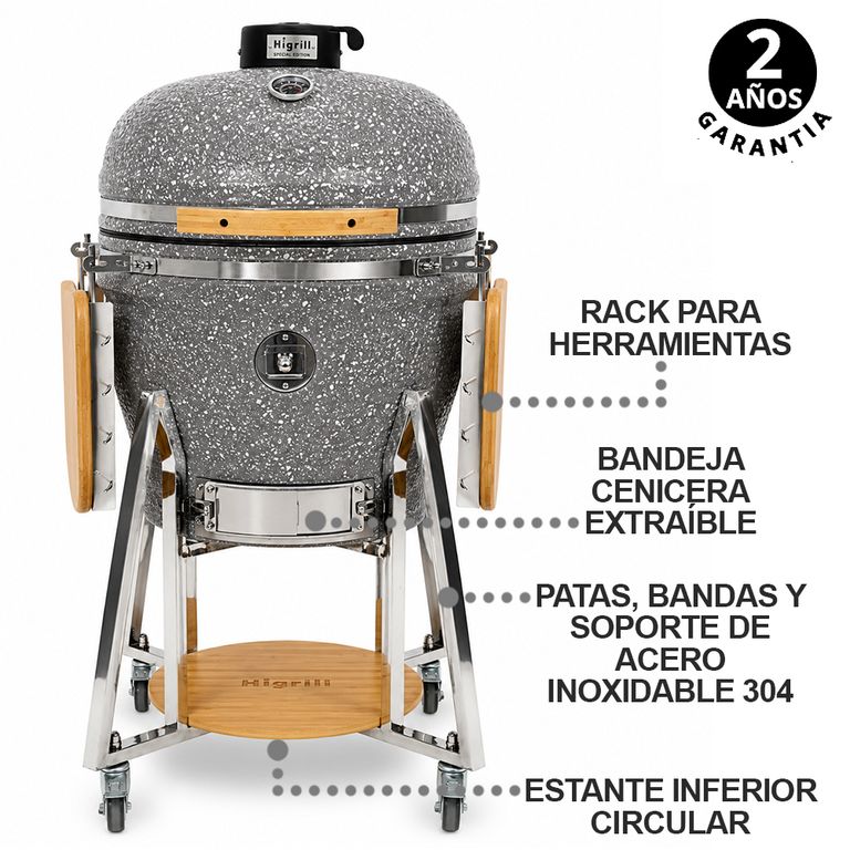 Kamado 22 Pulgadas Gris con Puntos Blancos PREMIUM Con Funda y Herramientas Básicas HIGRILL