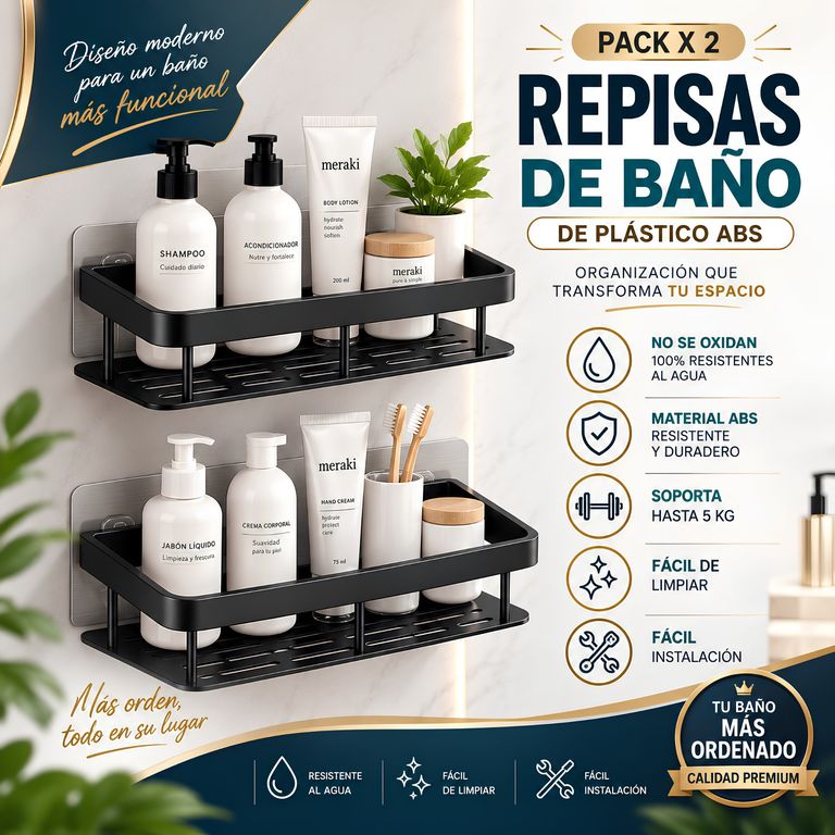 Pack x2 Repisas de Baño de Plástico ABS Resistentes – Organizadores Multiuso