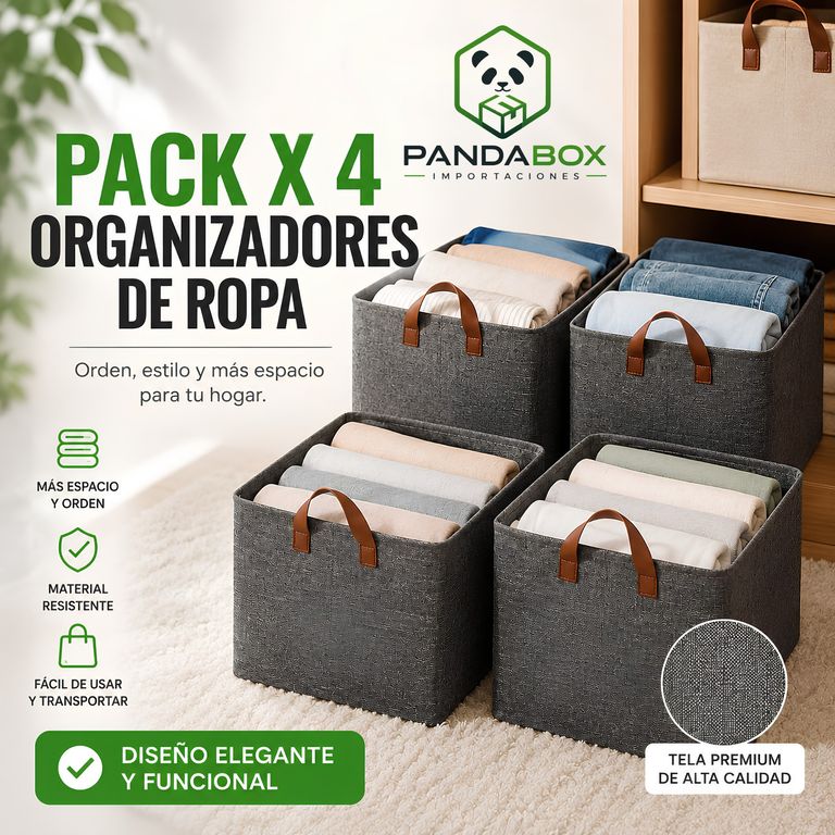 Pack x 4 Caja Organizadora de Ropa de Tela con Asas – Gris 47x28x20 cm