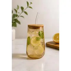 GENERICO - Sets x 4 Vasos de Vidrio Borosilicato Gold con Tapa de Bambú  550 ml