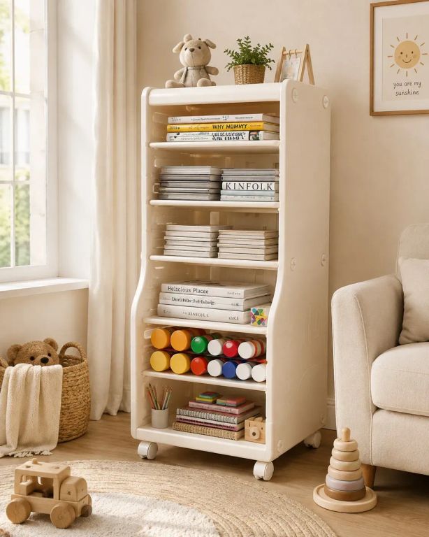 Librero Infantil Amplio Con Ruedas Organizador de Libros Beige