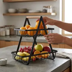 OEM - Frutero Organizador Triangular de 2 Niveles con Asa de Madera