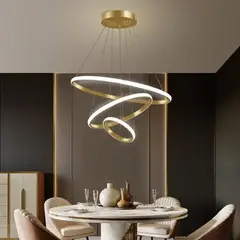 GENERICO - LAMPARA COLGANTE LED 3 AROS DORADO CON CONTROL REMOTO