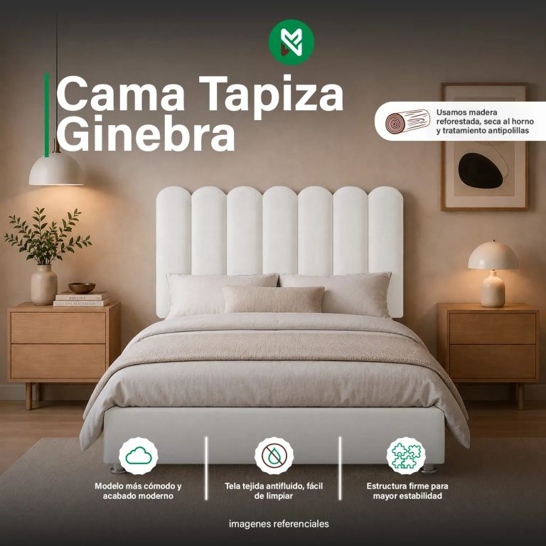 Combo Cama Tapizada Ginebra + Colchón Semiortopédico - 2 Plz- Blanco Ivory