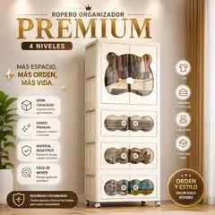 GENERICO - Ropero Organizador Premium 4 Niveles Con Colgador De Ropa y Ruedas Modelo Oso