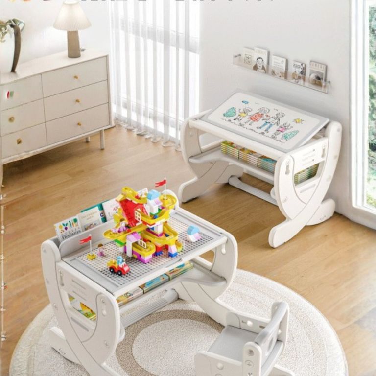 Escritorio Infantil Multifuncional 3 en 1 con Silla Ajustable y Mesa para Bloques –Gris