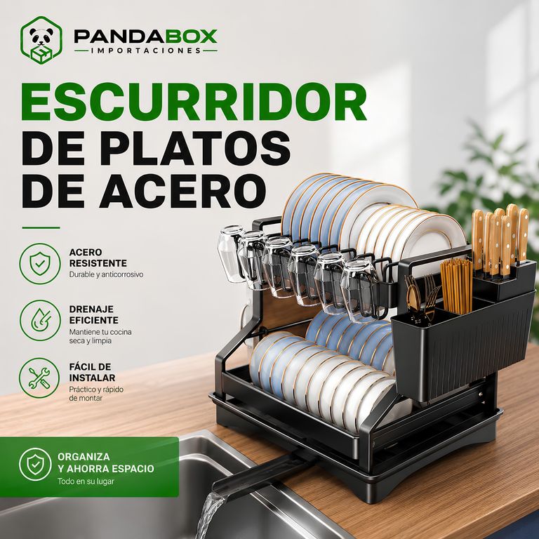 Escurridor De Platos de Acero Con Bandeja de Drenaje Y Porta Vasos