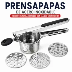 GENERICO - Prensapas de Acero Inoxidable 3 Discos intercambiables con Mango Ergonómico