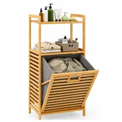 INSPIRA MARKET - Cesto Organizador de Ropa Sucia de Bambú con Canasto y 2 Repisas para Lavandería, Baño y Dormitorio